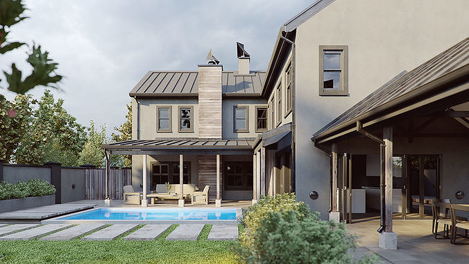 Corona - C4D scene files - Modern Farmhouse Exterior 3D model 3D model 3