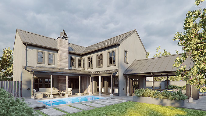 Corona - C4D scene files - Modern Farmhouse Exterior 3D model 3D model 2