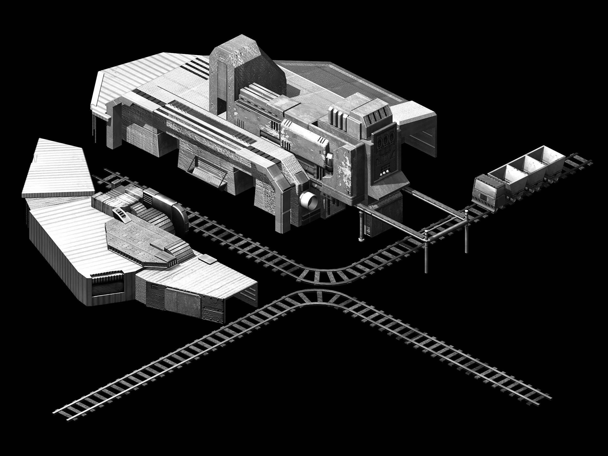 Mining-excavation-site train station with tracks and buildings 3D model_3