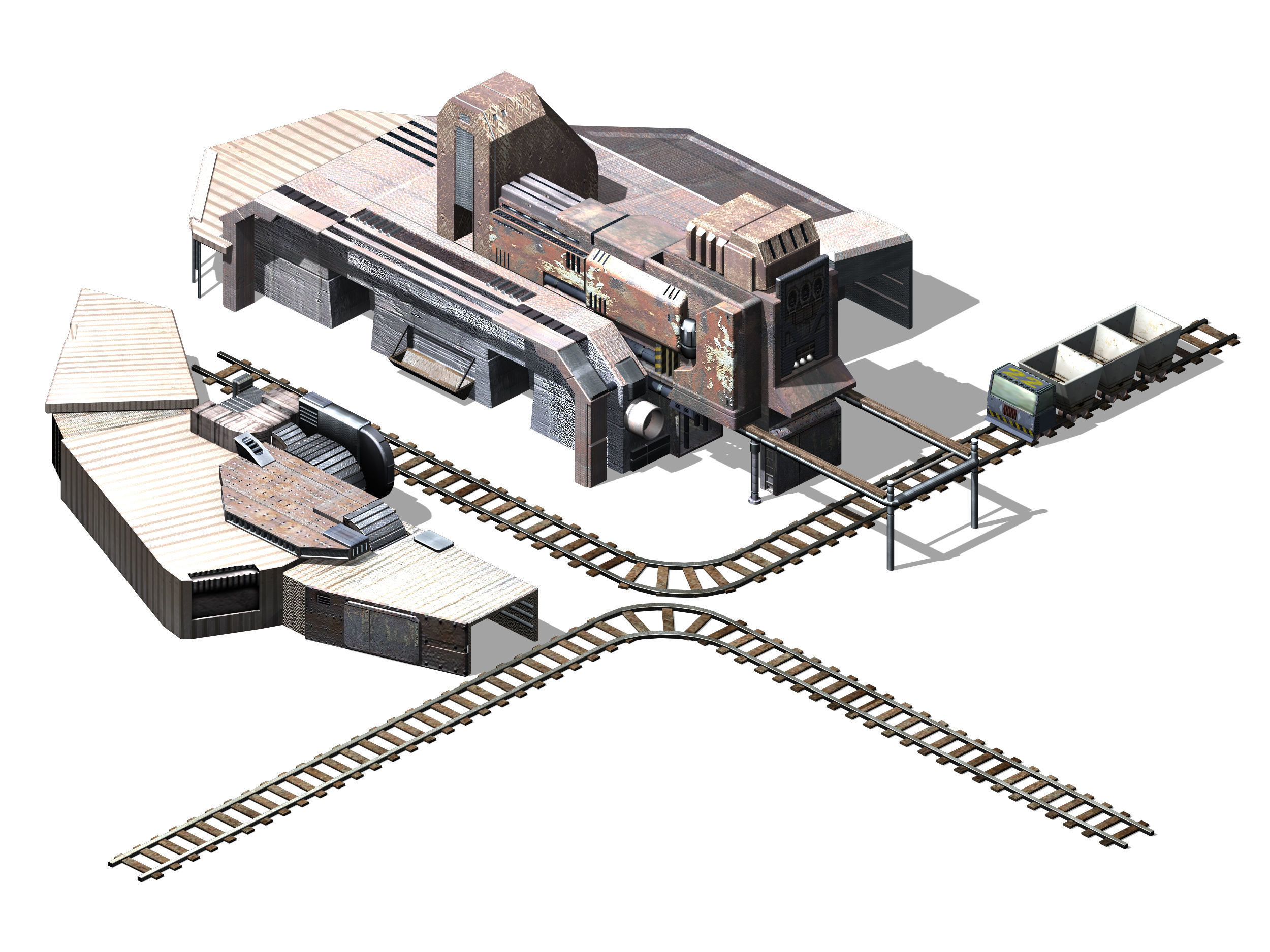 Mining-excavation-site train station with tracks and buildings 3D model_1