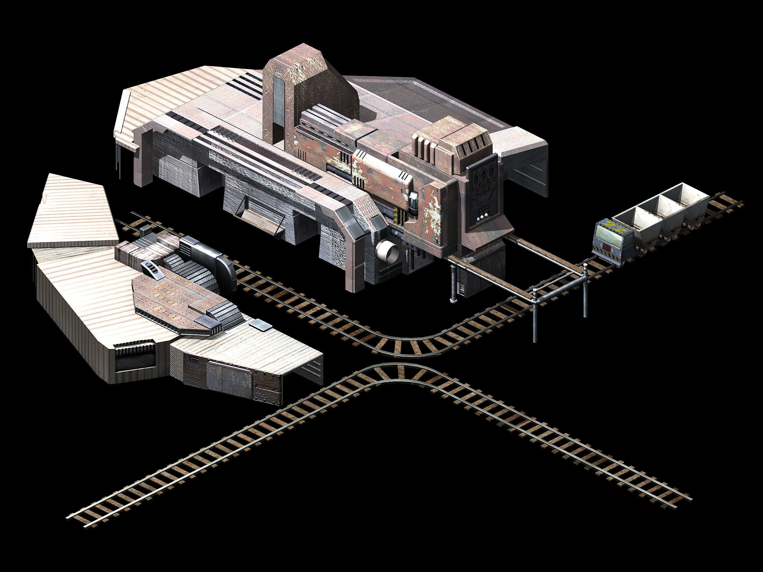 Mining-excavation-site train station with tracks and buildings 3D model_4