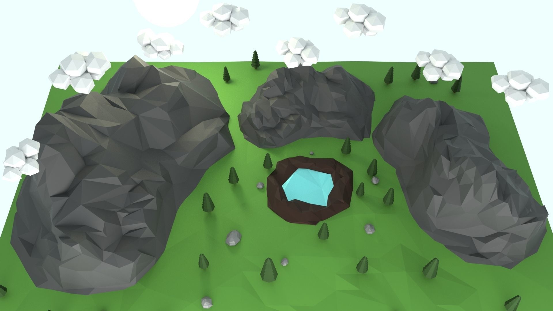Low Poly Mountain with Crater Lake Scene Low-poly 3D model_22
