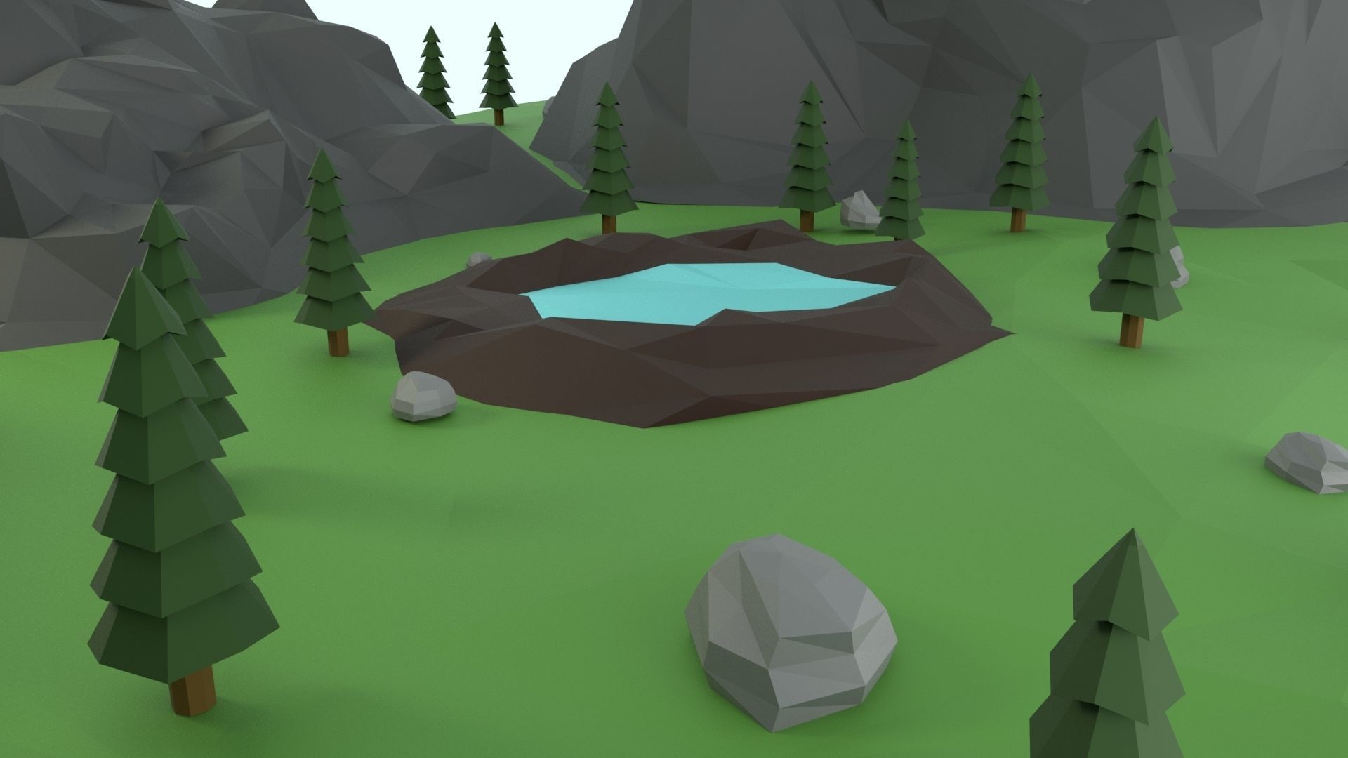 Low Poly Mountain with Crater Lake Scene Low-poly 3D model_38