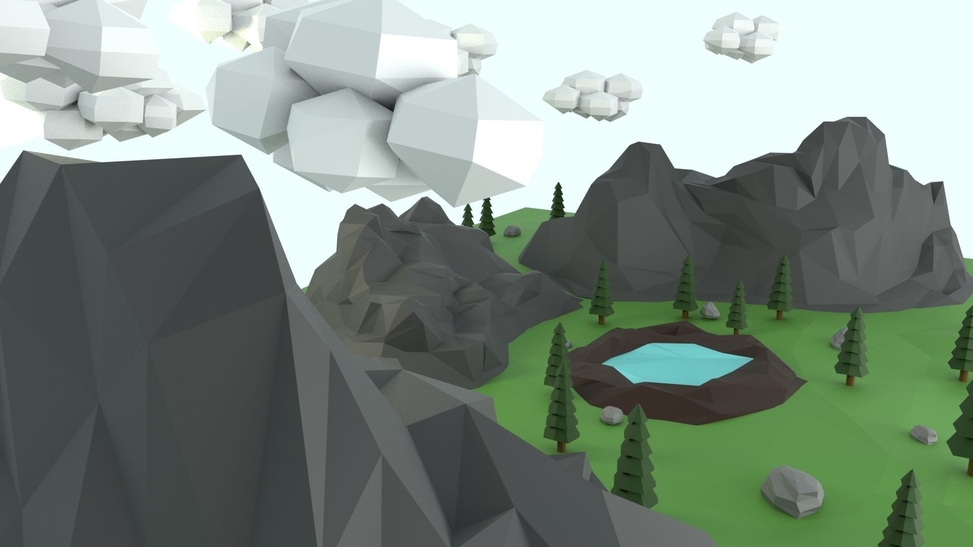 Low Poly Mountain with Crater Lake Scene Low-poly 3D model_30