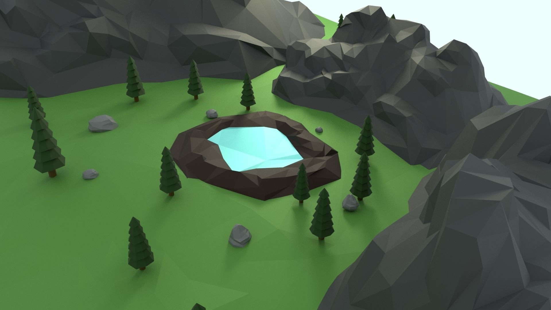 Low Poly Mountain with Crater Lake Scene Low-poly 3D model_10