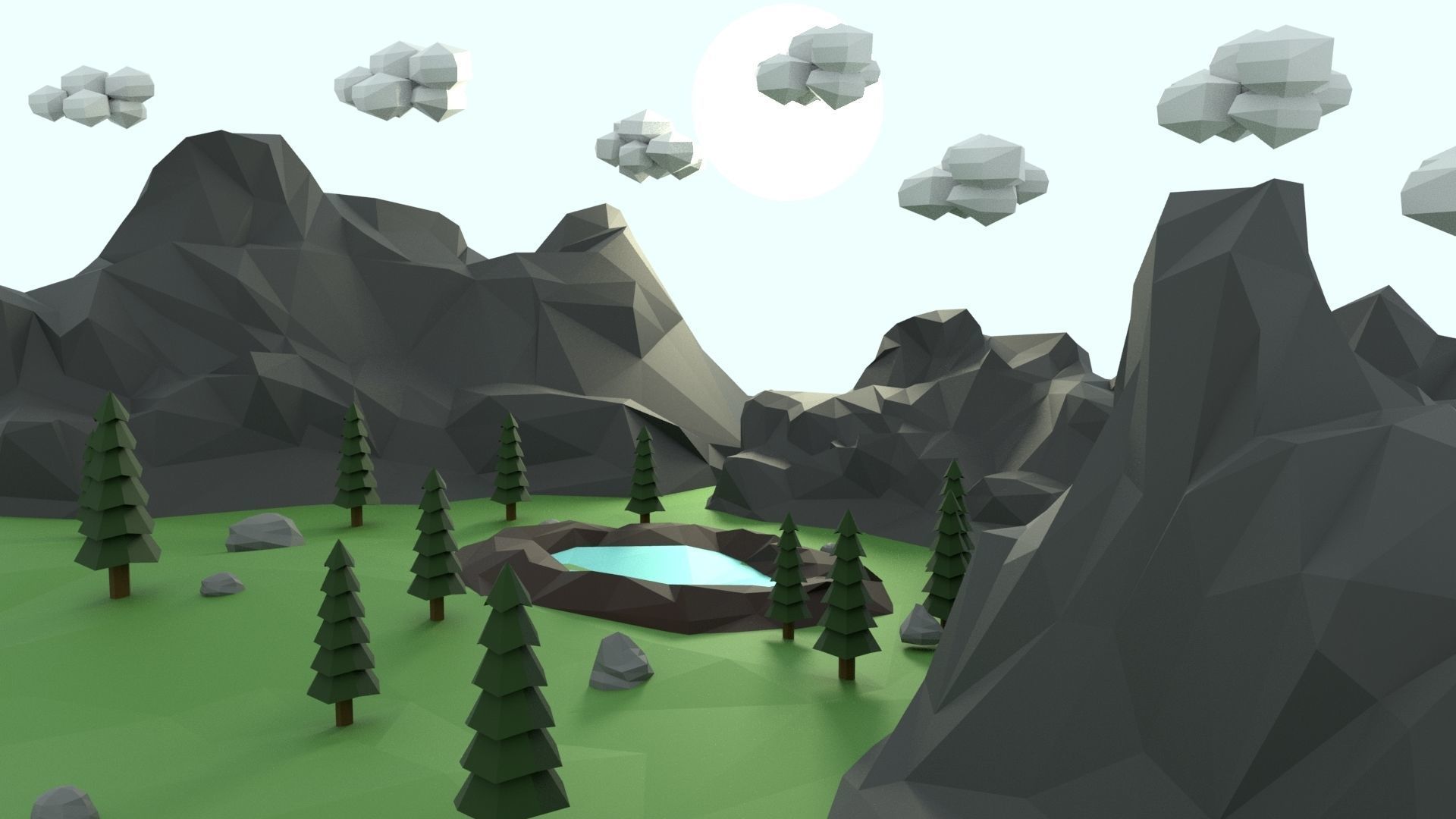 Low Poly Mountain with Crater Lake Scene Low-poly 3D model_8