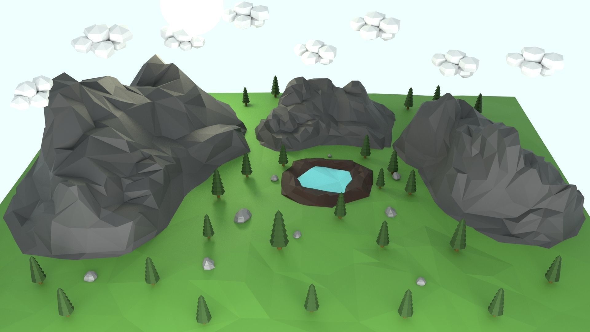 Low Poly Mountain with Crater Lake Scene Low-poly 3D model_20