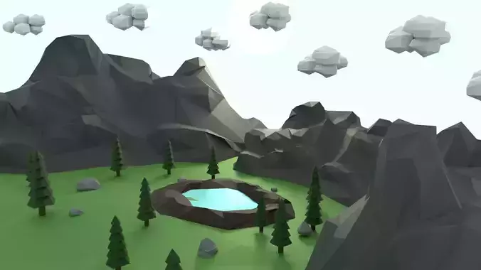 Low Poly Mountain with Crater Lake Scene Low-poly 3D model