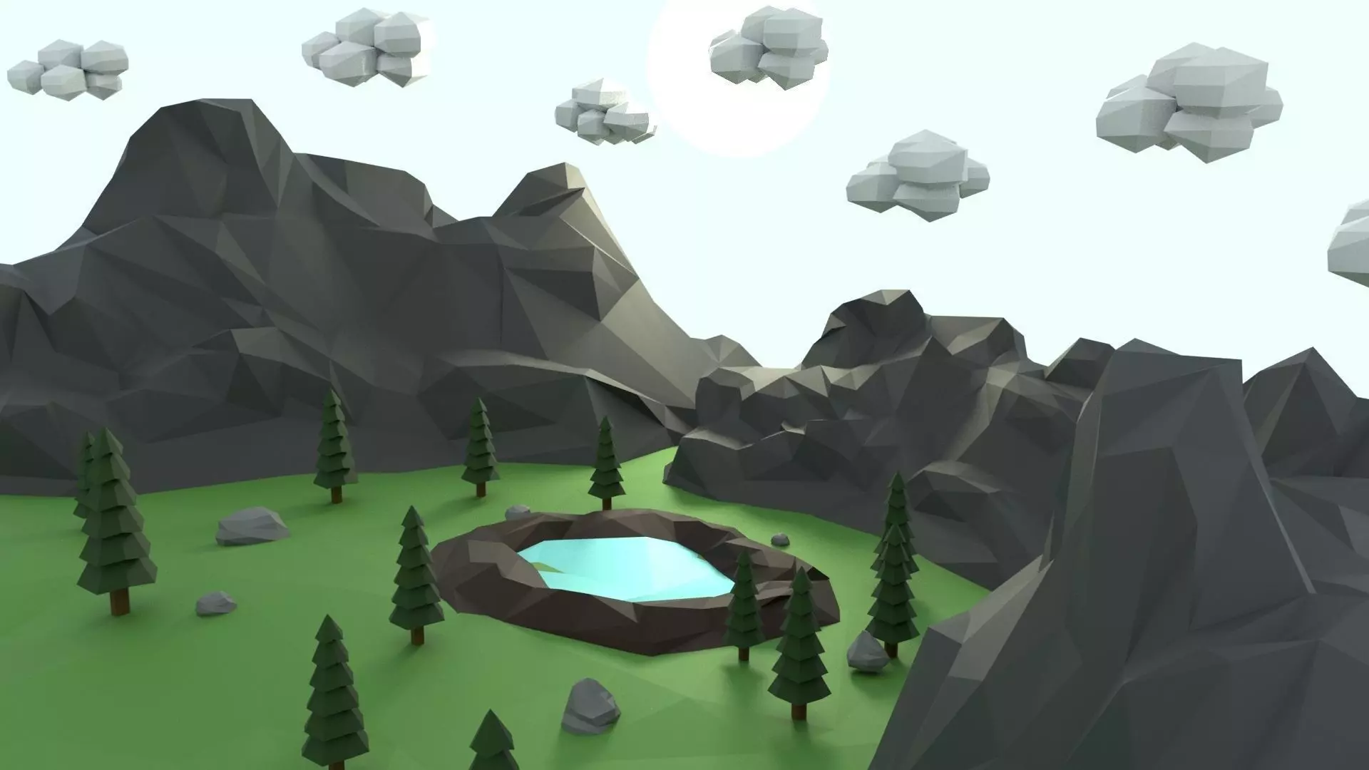Low Poly Mountain with Crater Lake Scene Low-poly 3D model_0
