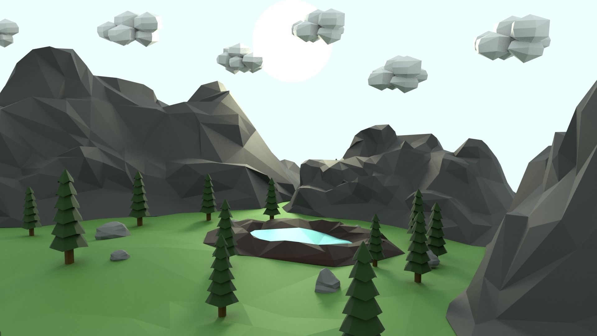 Low Poly Mountain with Crater Lake Scene Low-poly 3D model_2
