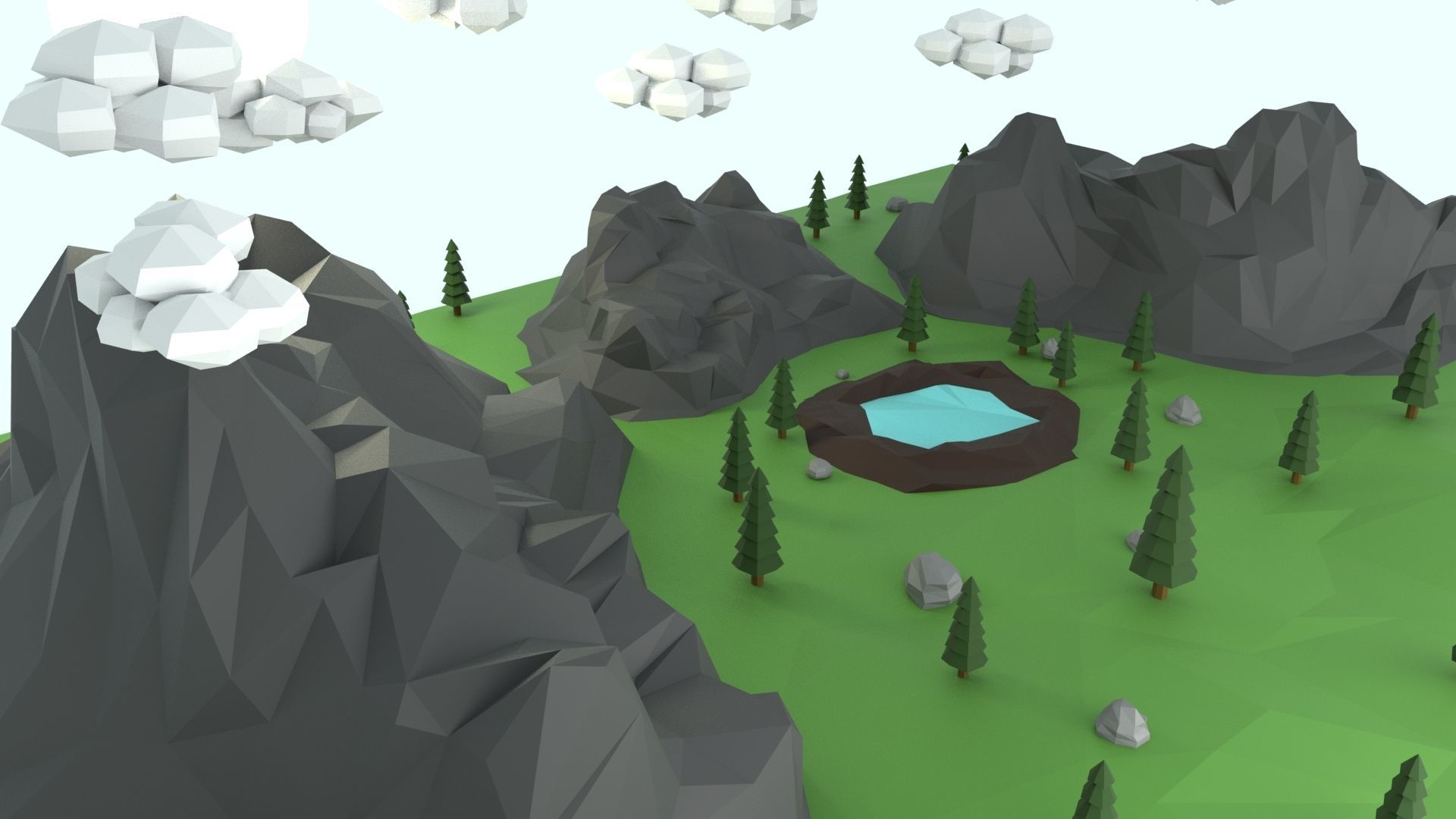 Low Poly Mountain with Crater Lake Scene Low-poly 3D model_36