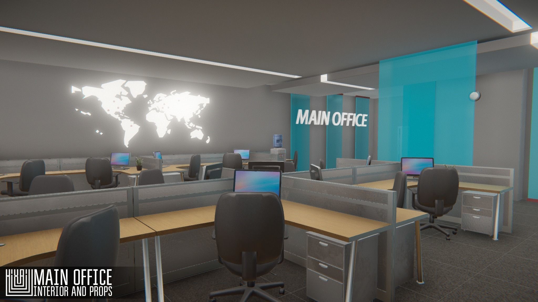 Main office - interior and props Low-poly 3D model_3