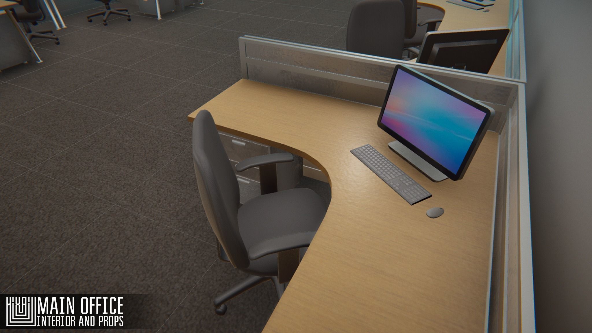 Main office - interior and props Low-poly 3D model_1