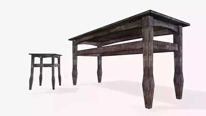 Old wooden tables and chairs Free low-poly 3D model
