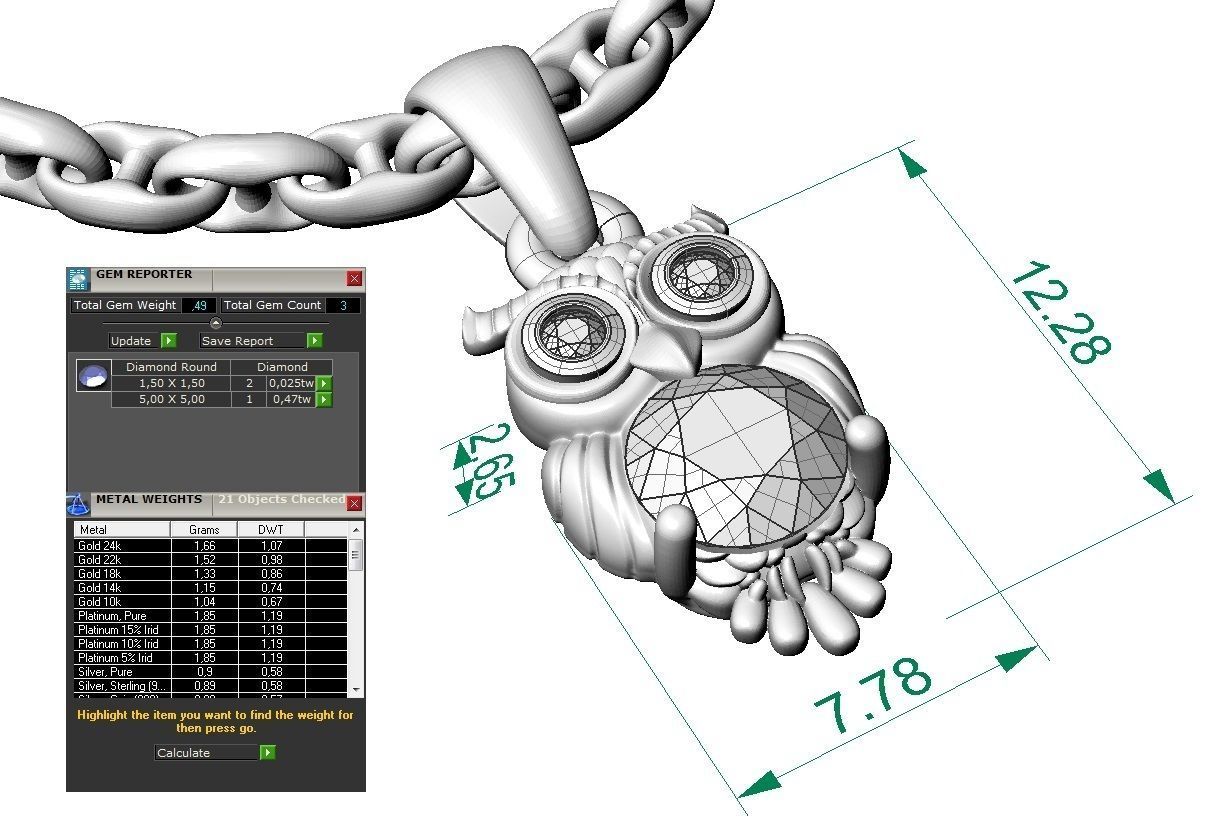fashion pendant owl with gems 3D print model_9