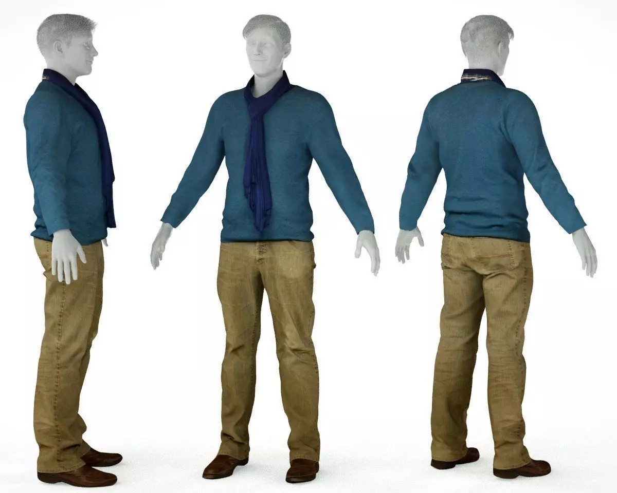 Male Casual Outfit 11 Pull Scarf Pants Shoes Low-poly 3D model