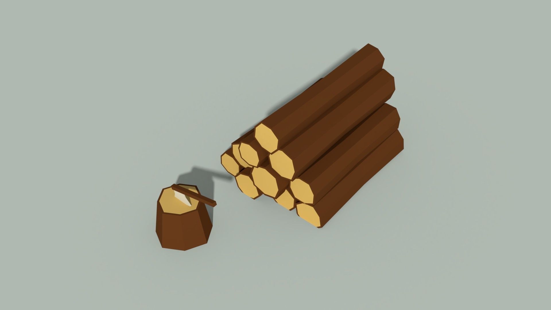 Low Poly Wooden Logs and Axe Low-poly 3D model_1