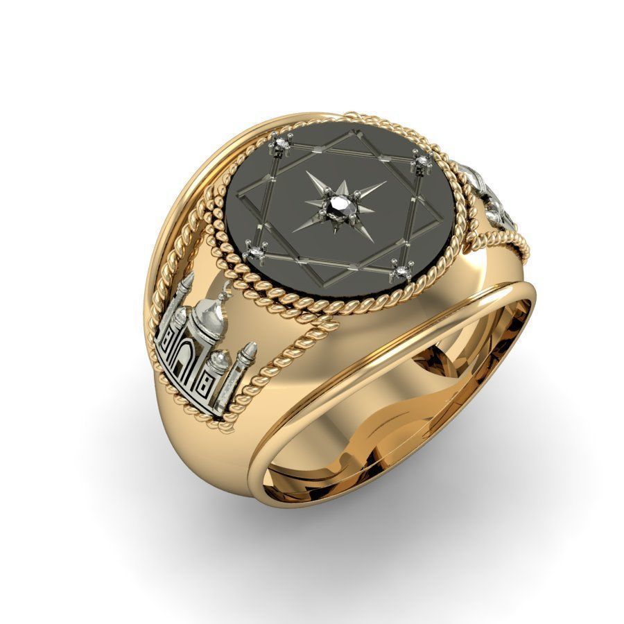 signet ring for men with a mosque 3D print model_1