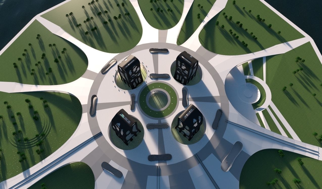 The Island futuristic building in middle of grassy field 3D model_8