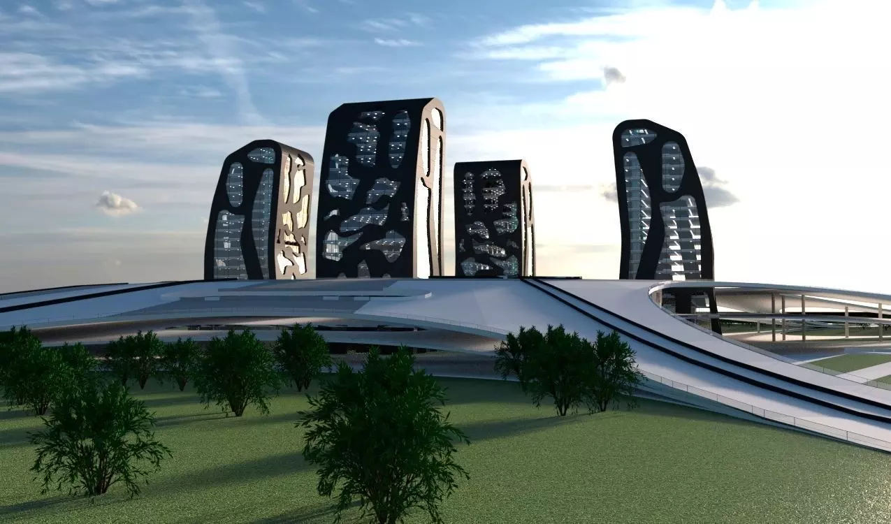 The Island futuristic building in middle of grassy field 3D model_0