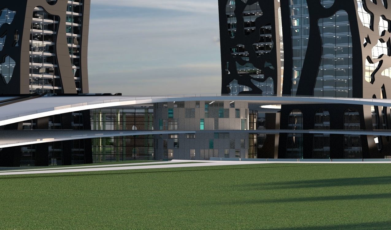 The Island futuristic building in middle of grassy field 3D model_4