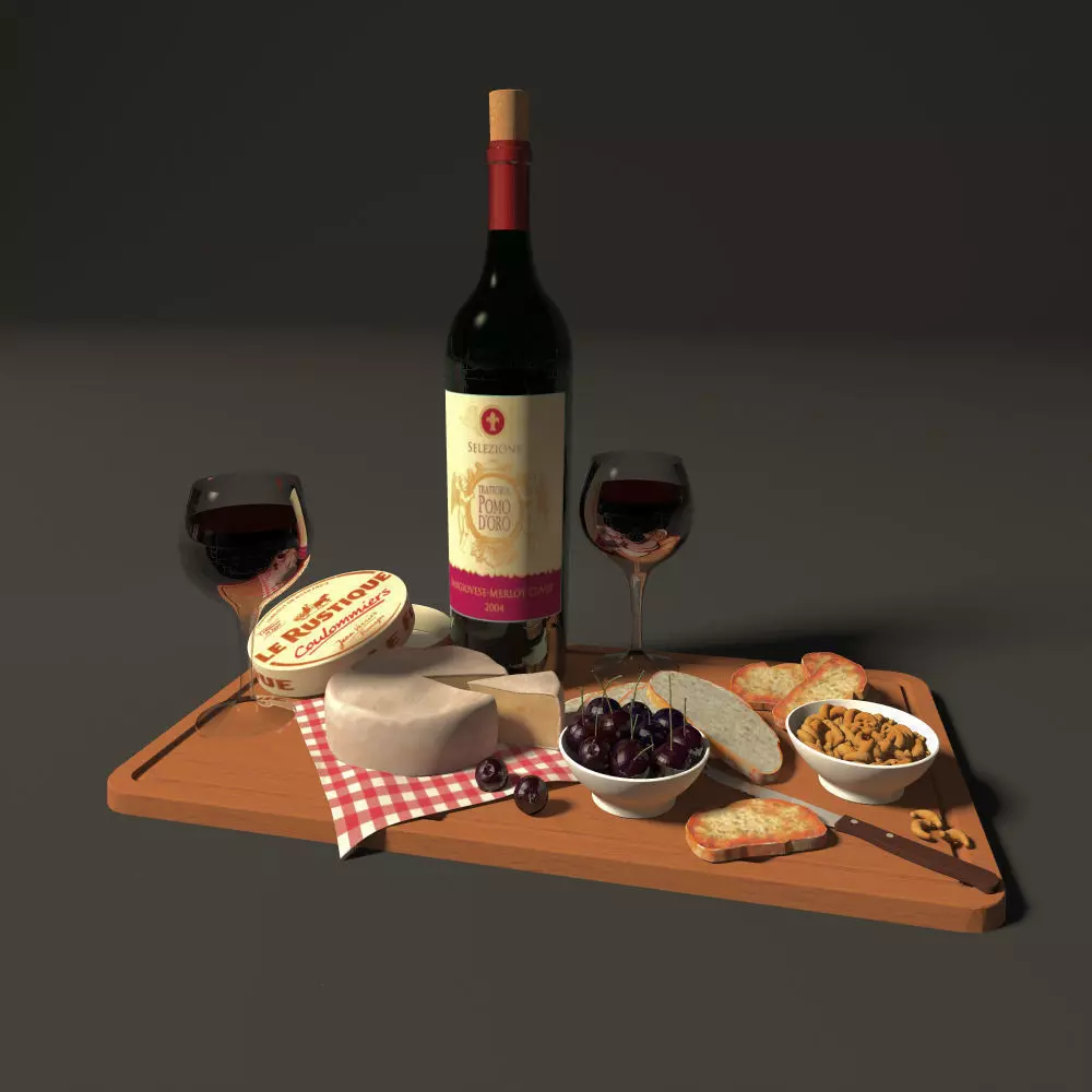 plate with wine and cheese 3D model_0
