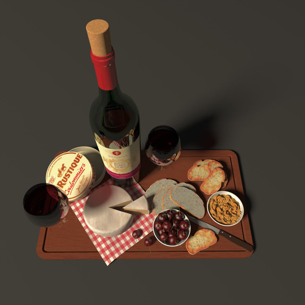 plate with wine and cheese 3D model_2