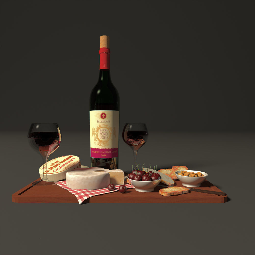 plate with wine and cheese 3D model_1