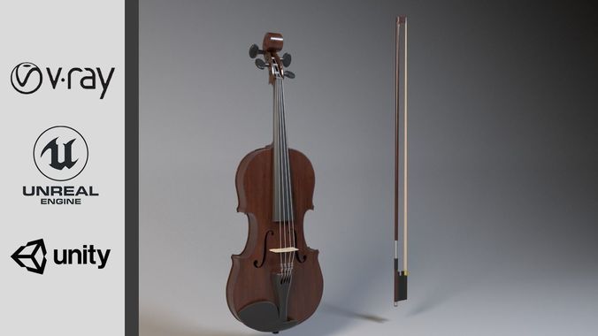 Violin model with bow Low-poly 3D model