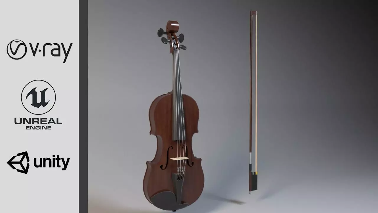 Violin model with bow Low-poly 3D model_0
