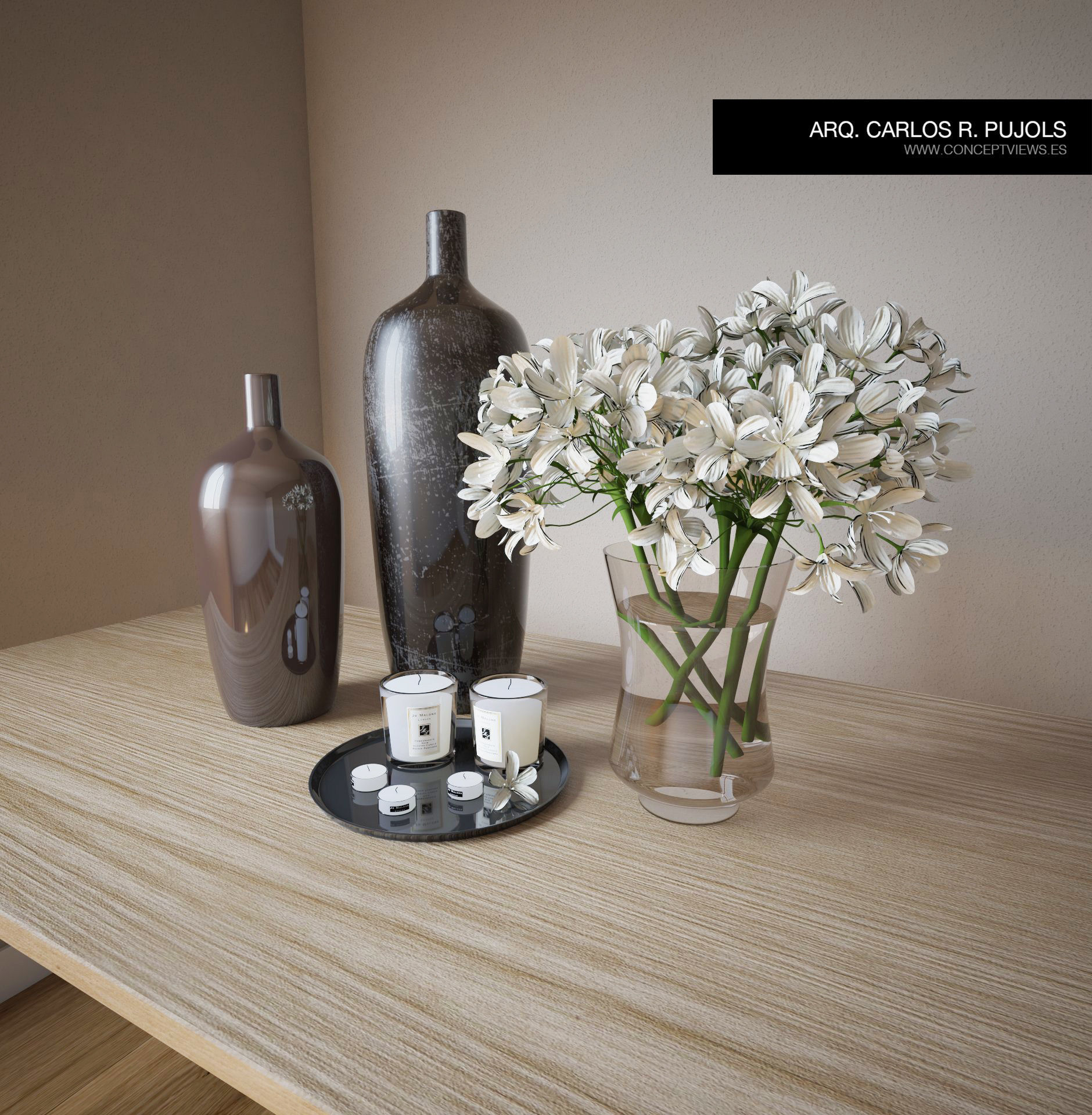 Decoration Set vases and flowers on wooden table 3D model_2