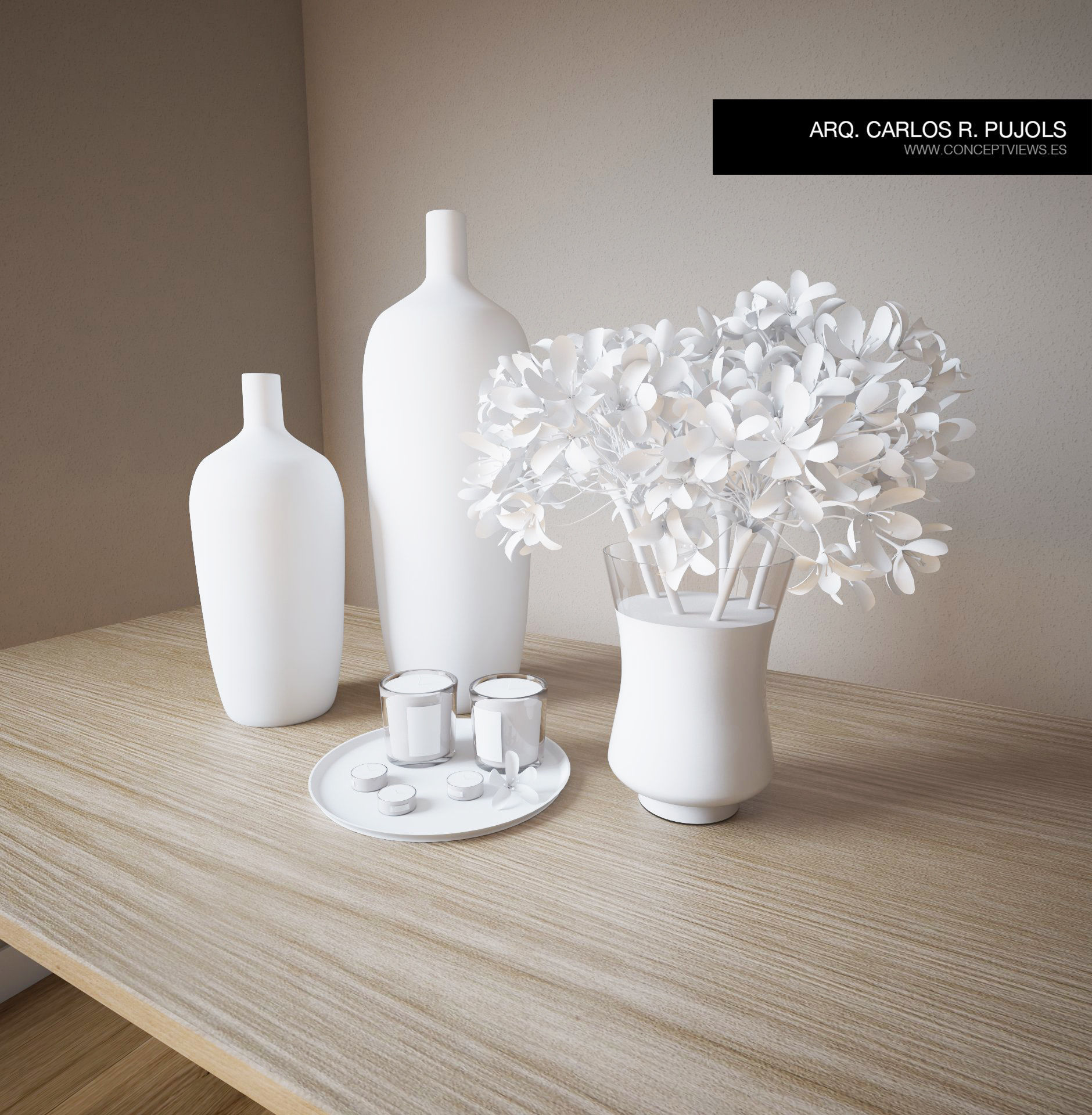 Decoration Set vases and flowers on wooden table 3D model_3