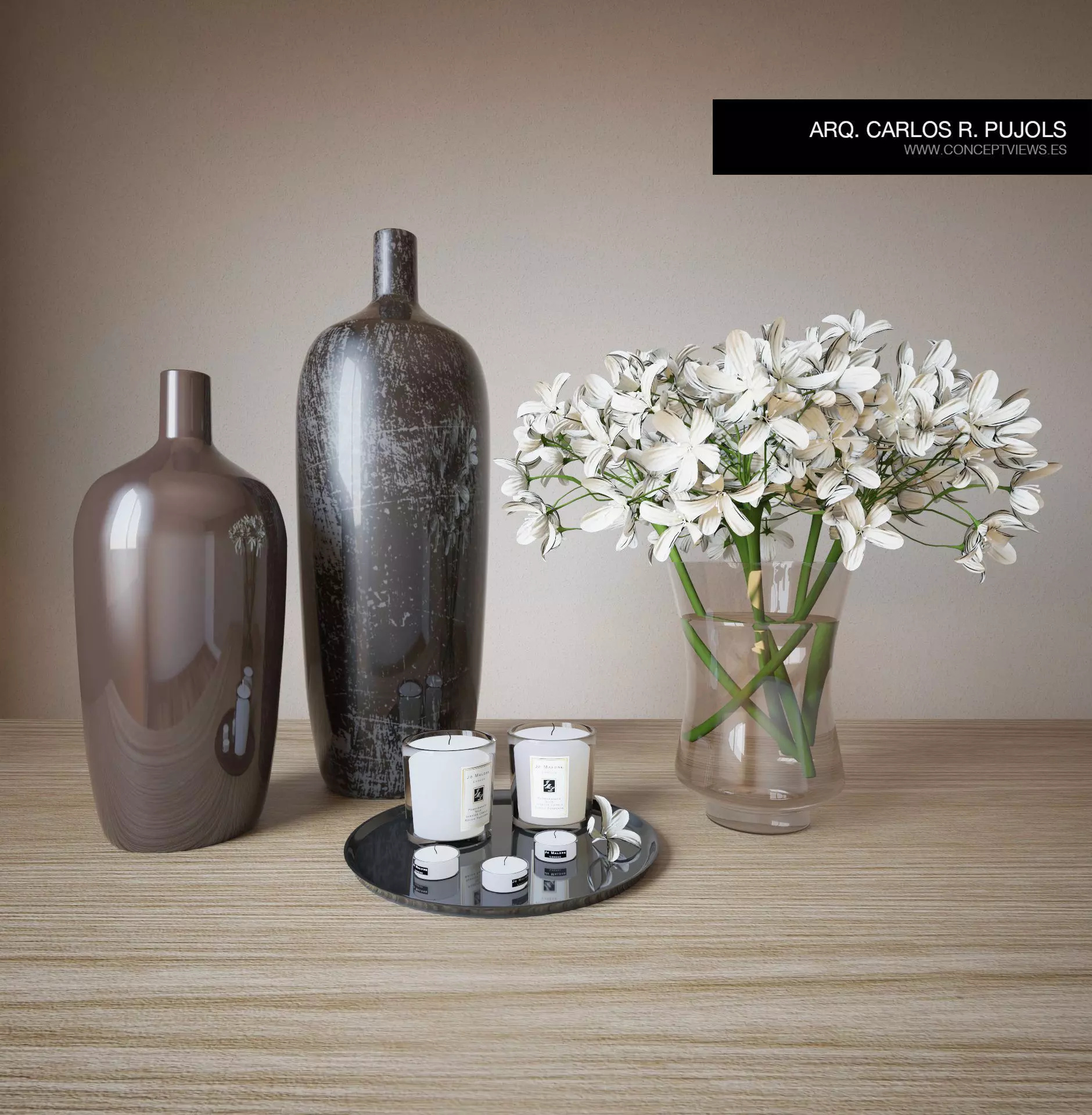 Decoration Set vases and flowers on wooden table 3D model_0