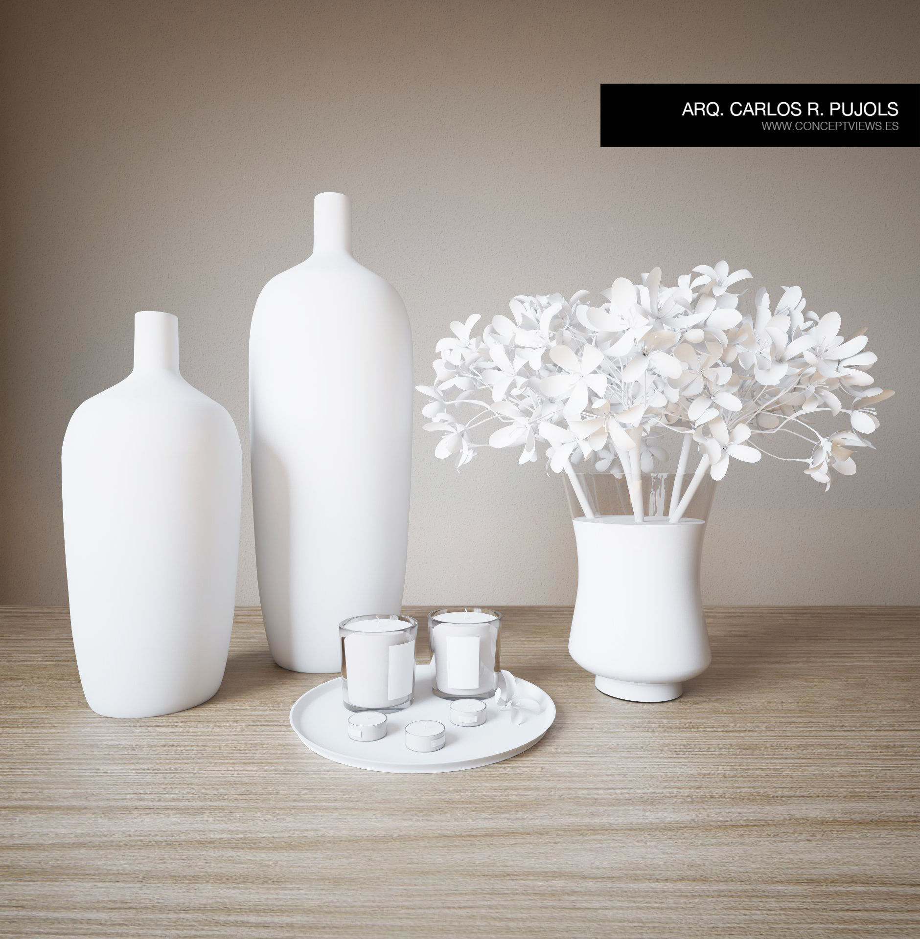 Decoration Set vases and flowers on wooden table 3D model_1