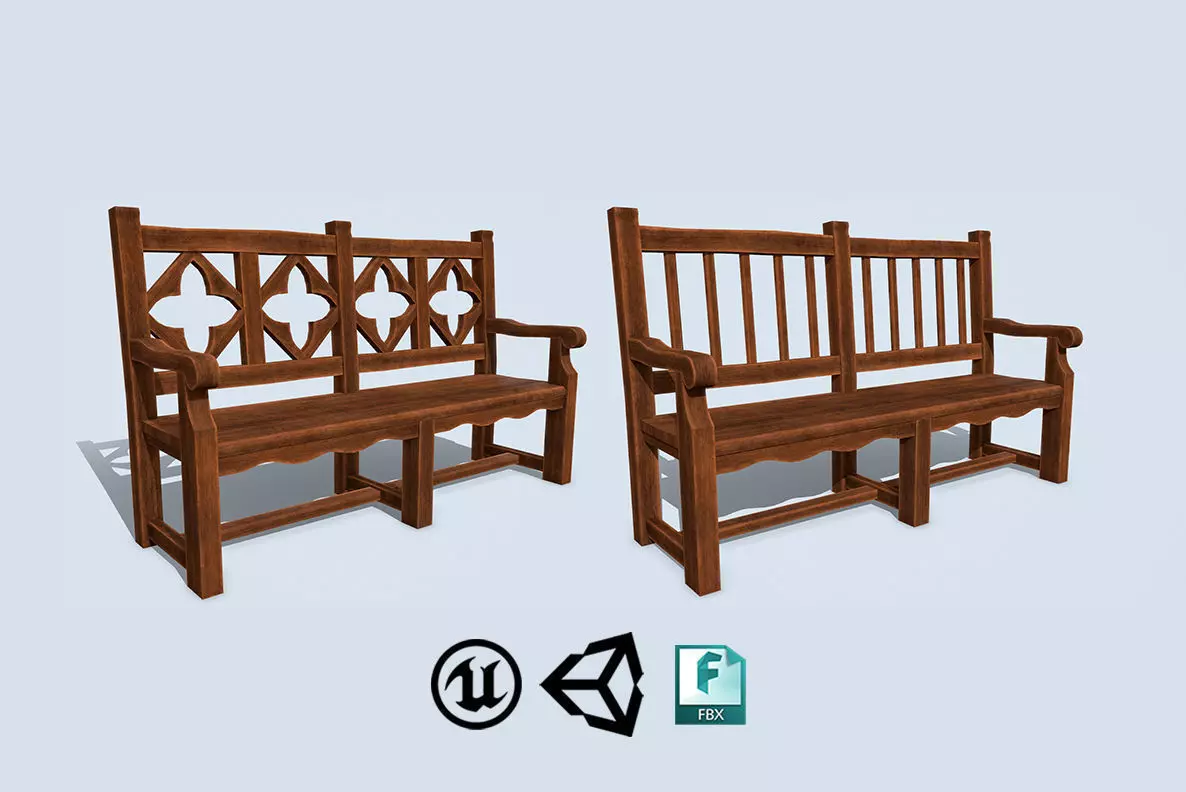 Antique Wooden Benches Low-poly 3D model_0