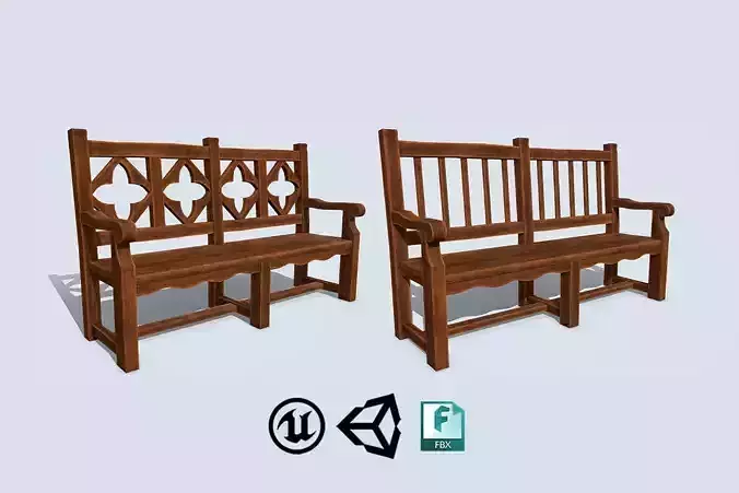 Antique Wooden Benches Low-poly 3D model