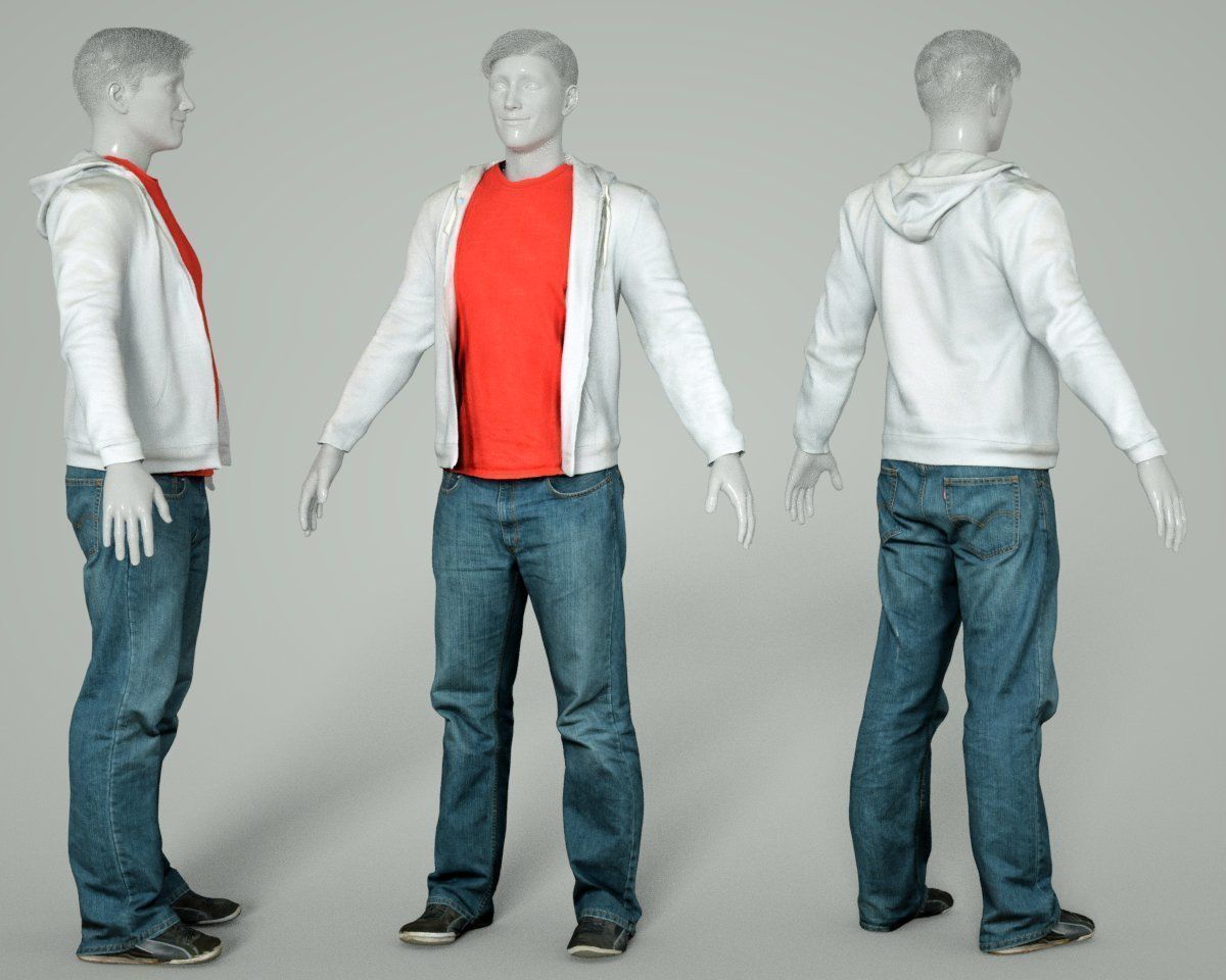 Male Casual Outfit 32 Hoodie Jeans Shoes Low-poly 3D model_5