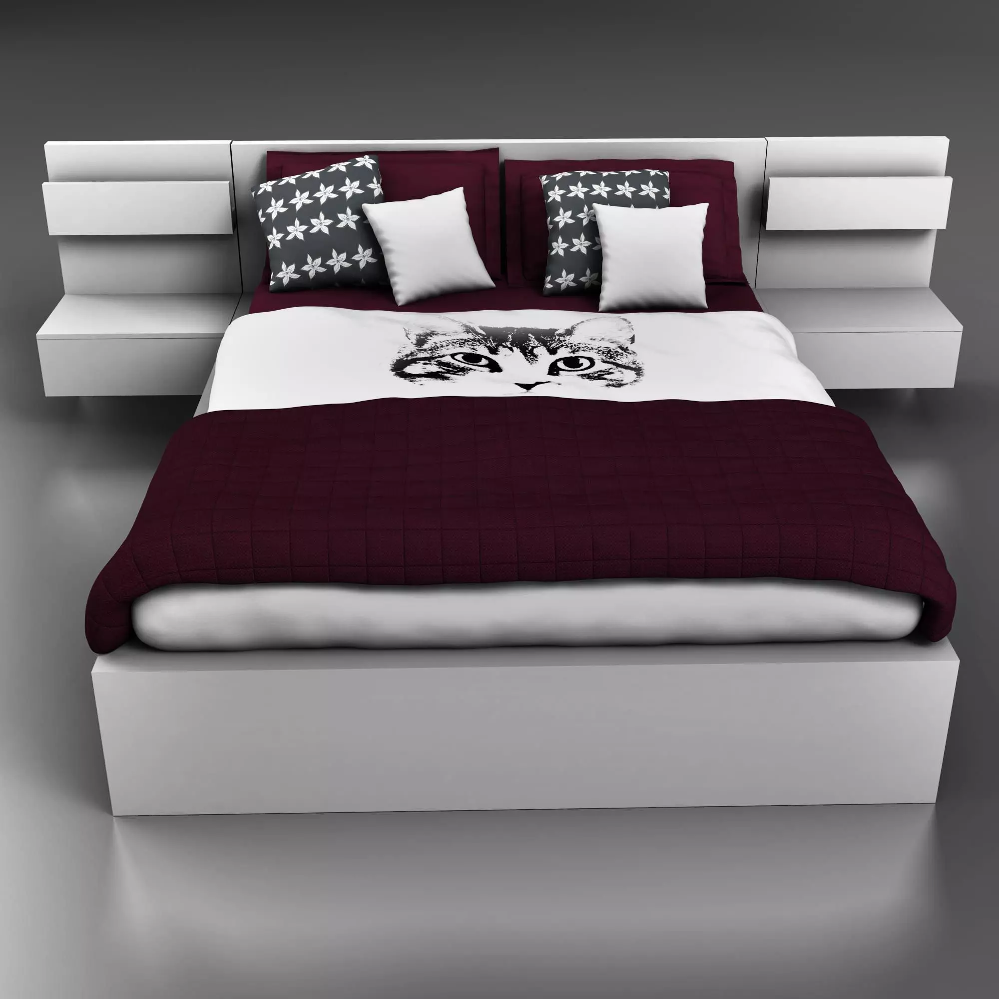 Bed with maroon pillows 3D model_0