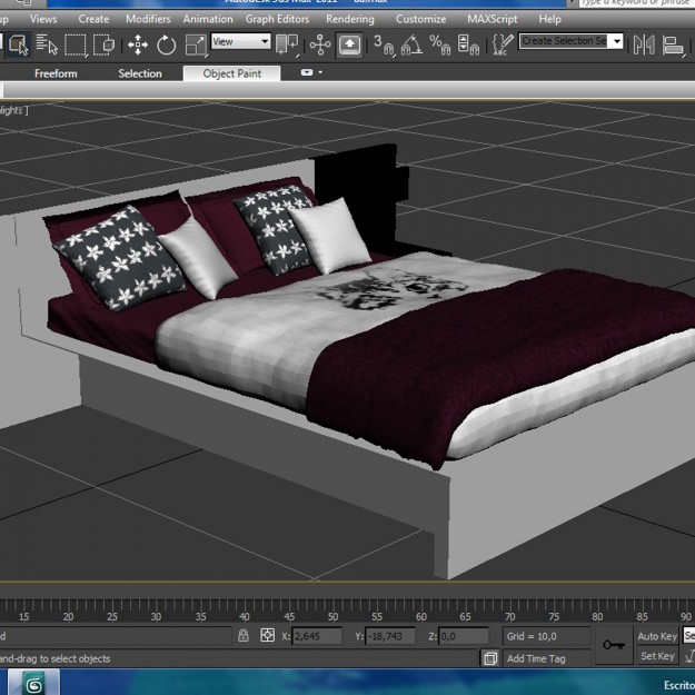 Bed with maroon pillows 3D model_1