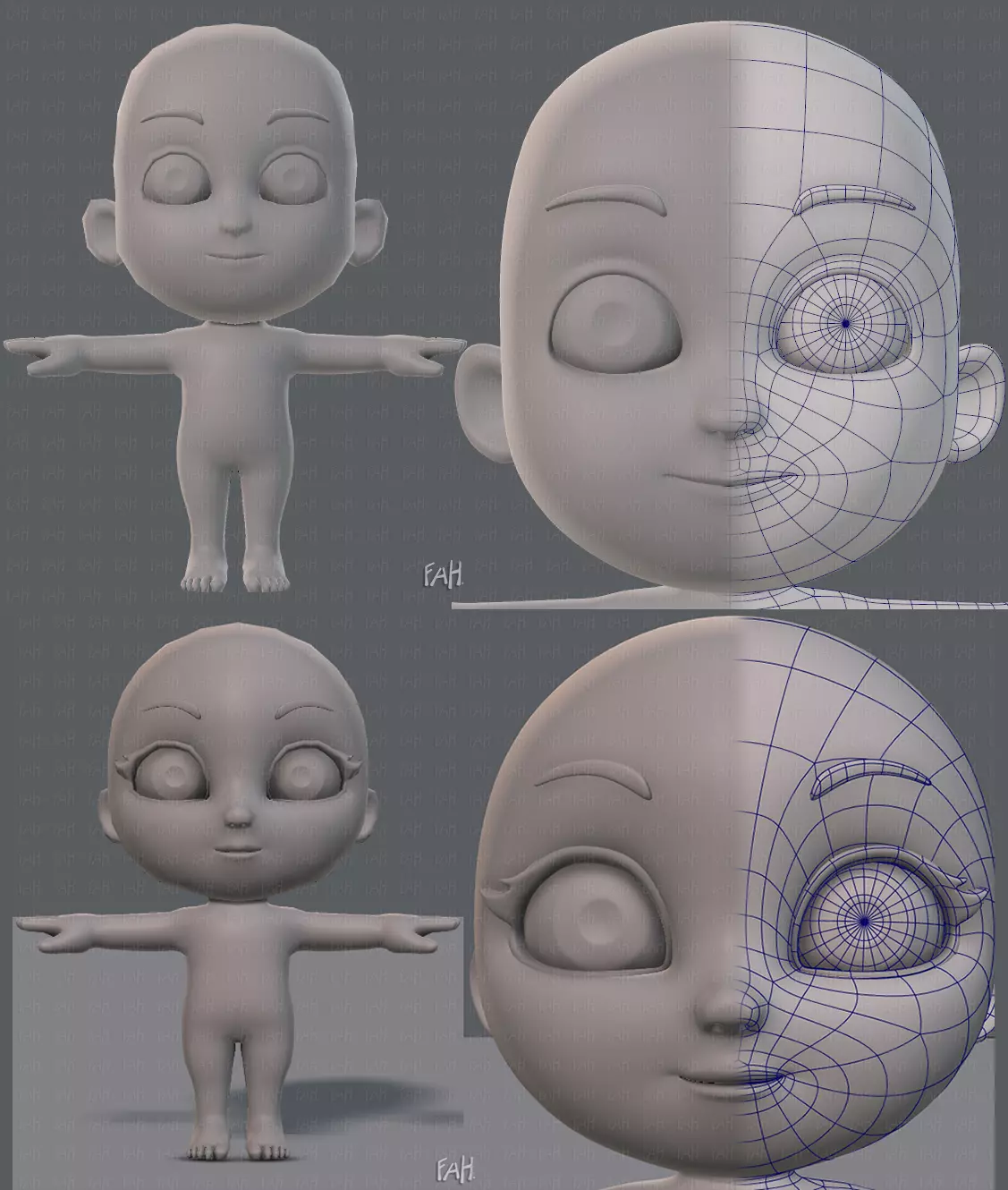 Cartoon children basemesh 3D Model Collection_0