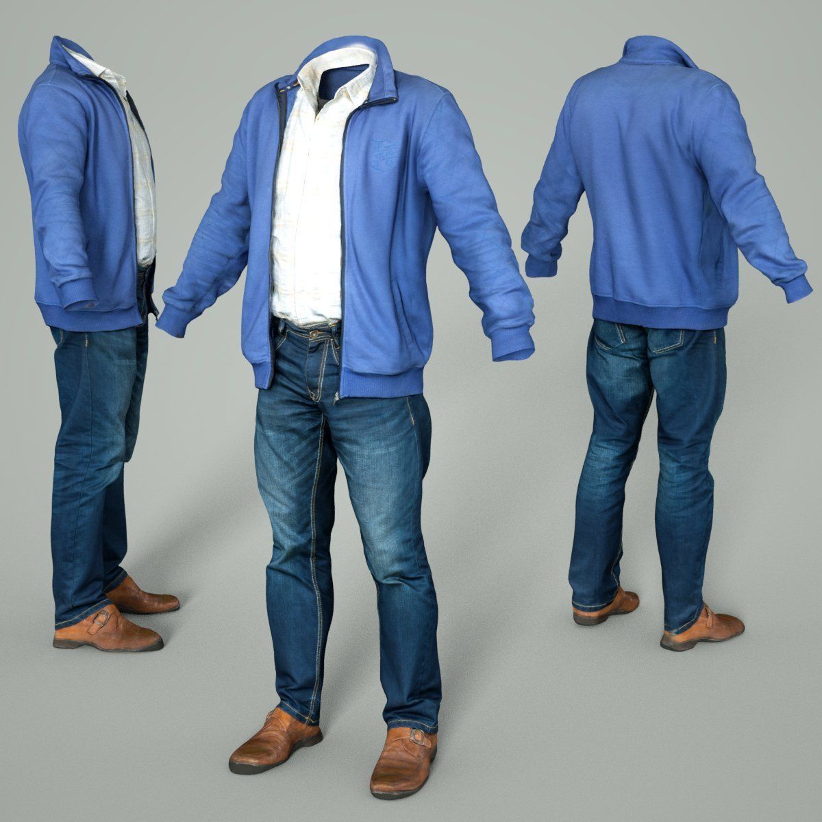 Male Casual Outfit 39 Shirt Jacket Jeans Shoes Low-poly 3D model_2