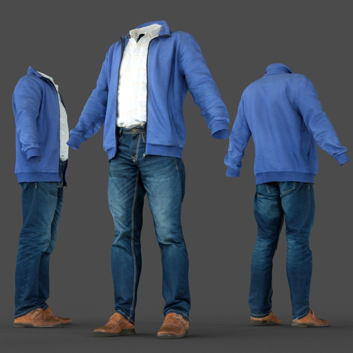 Male Casual Outfit 39 Shirt Jacket Jeans Shoes Low-poly 3D model_5