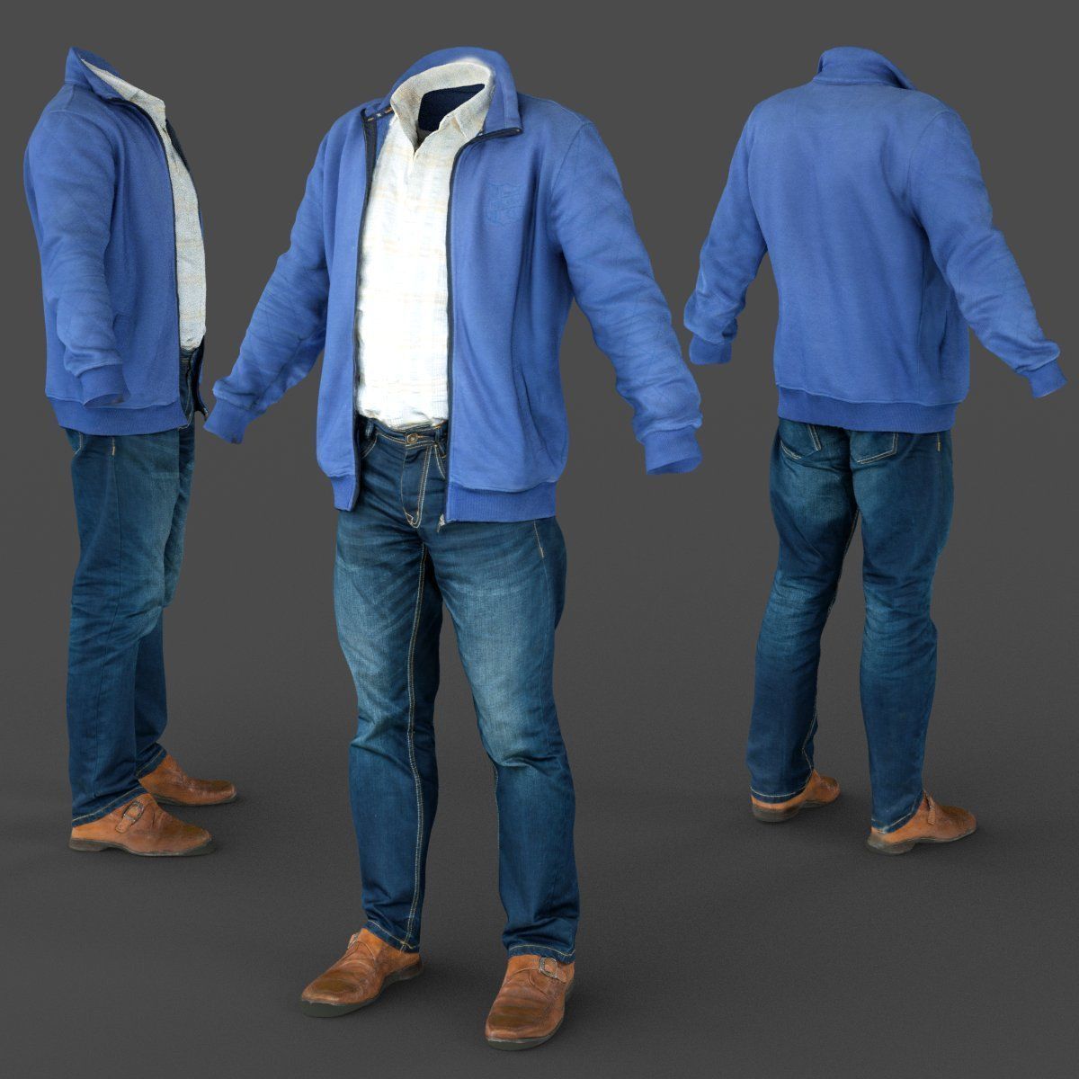 Male Casual Outfit 39 Shirt Jacket Jeans Shoes Low-poly 3D model_4