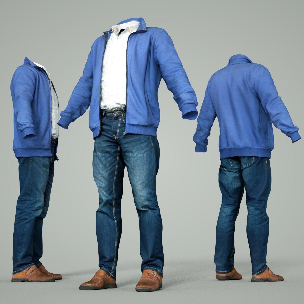 Male Casual Outfit 39 Shirt Jacket Jeans Shoes Low-poly 3D model_3