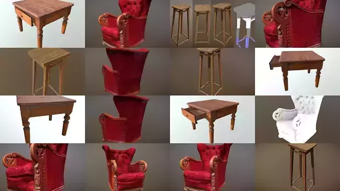Set of old vintage furniture 3D Model Collection
