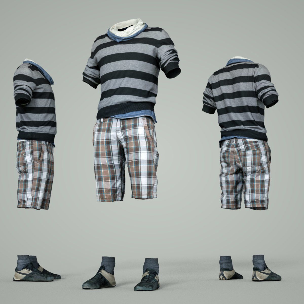 Male Casual Outfit 40 Shorts Shirt Footwear Low-poly 3D model_3