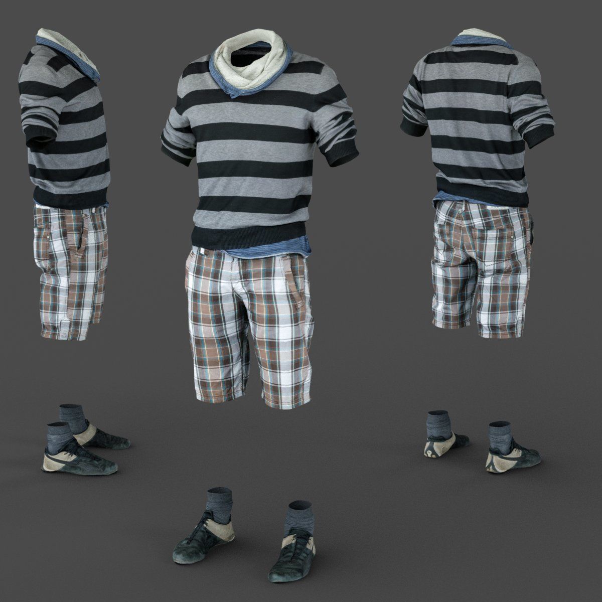 Male Casual Outfit 40 Shorts Shirt Footwear Low-poly 3D model_5