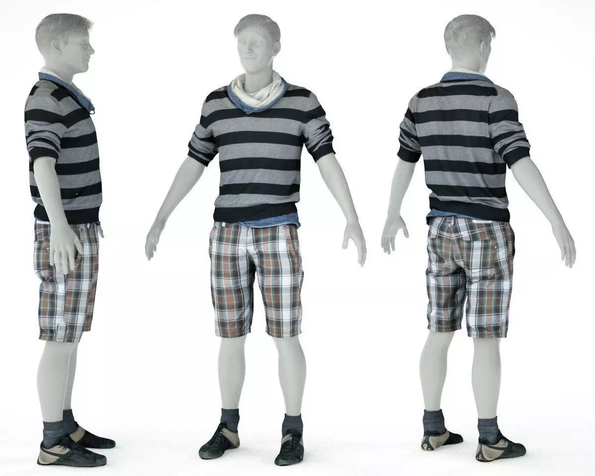 Male Casual Outfit 40 Shorts Shirt Footwear Low-poly 3D model_0