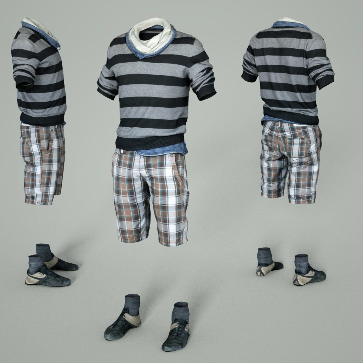 Male Casual Outfit 40 Shorts Shirt Footwear Low-poly 3D model_2