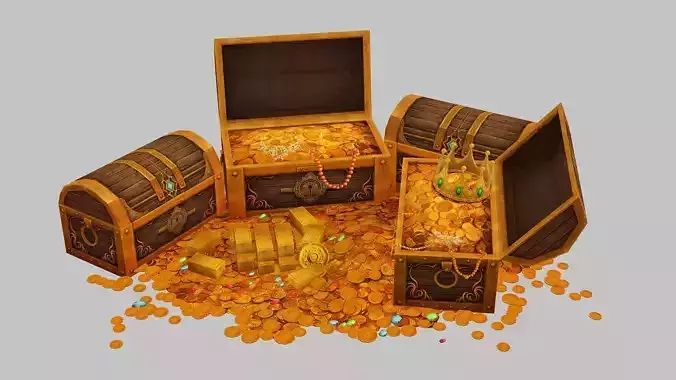  treasure box gold coin jewelry gem Low-poly 3D model